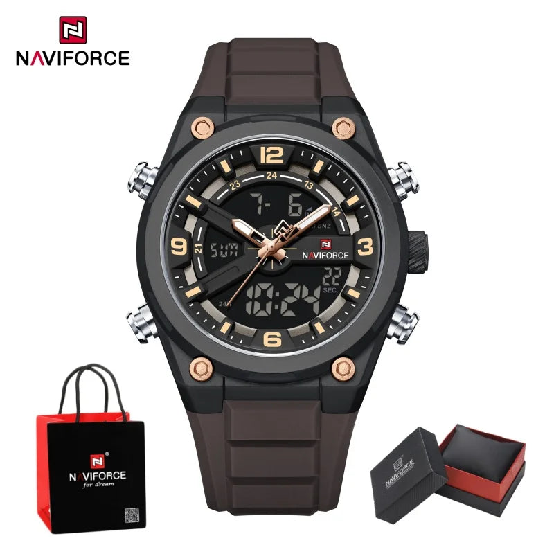 NAVIFORCE Man's Watches Dual Display Week and Date Waterproof Luminous Silicone Strap Male Business Fashion Wristwatch Gift Box