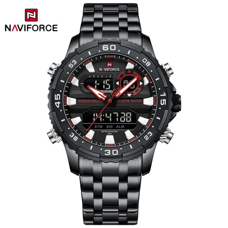 NAVIFORCE Men's Sports Alarm Watch Waterproof Chronograph Quartz Movement Steel Band Digital Date Week Display Wristwatches Gift