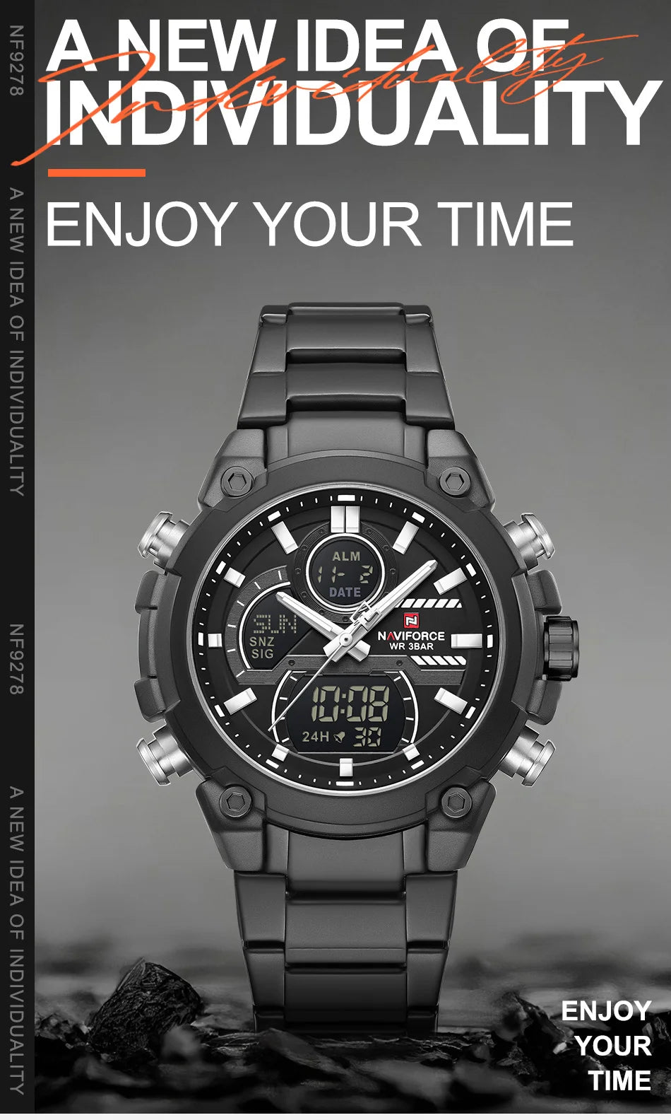 NAVIFORCE Men's Watch Luxury Quartz LCD Digital Sports Military Style Dual Display Chronograph Alarm Clock Wristwatch Gifts Box