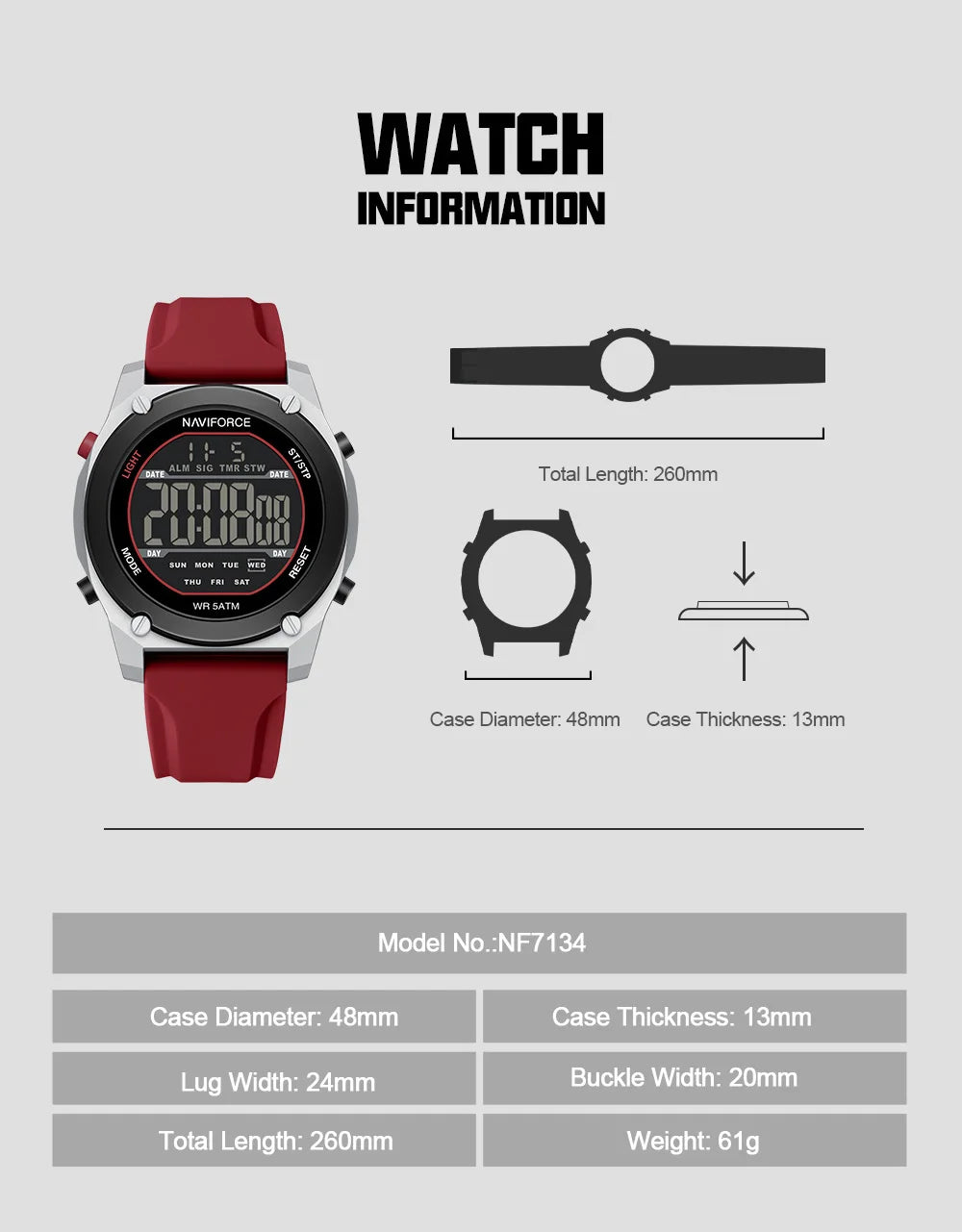 NAVIFORCE Men's LCD Digital Watch 50M Water Resistant Electronic Calendar Fashion Silicone Band Alarm Clock Wristwatch Gifts Box