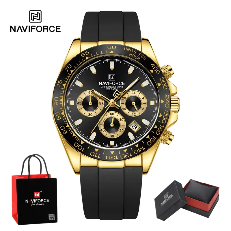 NAVIFORCE Quartz Men's Leisure Chronograph Watch Waterproof Luminous Silica Strap Unique Design Man Fashion Wristwatch Gift Box