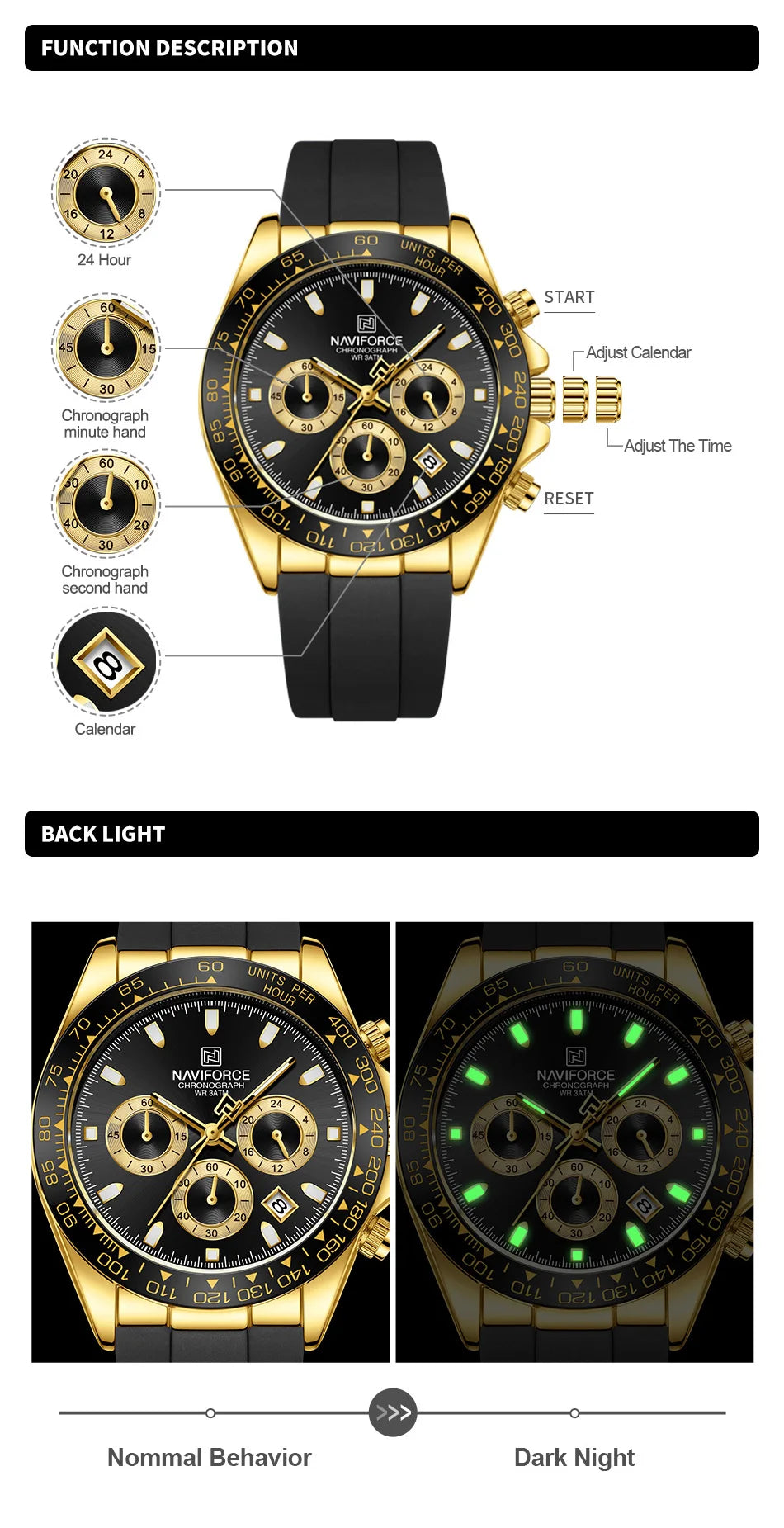 NAVIFORCE Brand Fashion Luxury Watch For Men Waterproof Chronograph Clock Business Casual Silicone Strap Wristwatches 2024 New