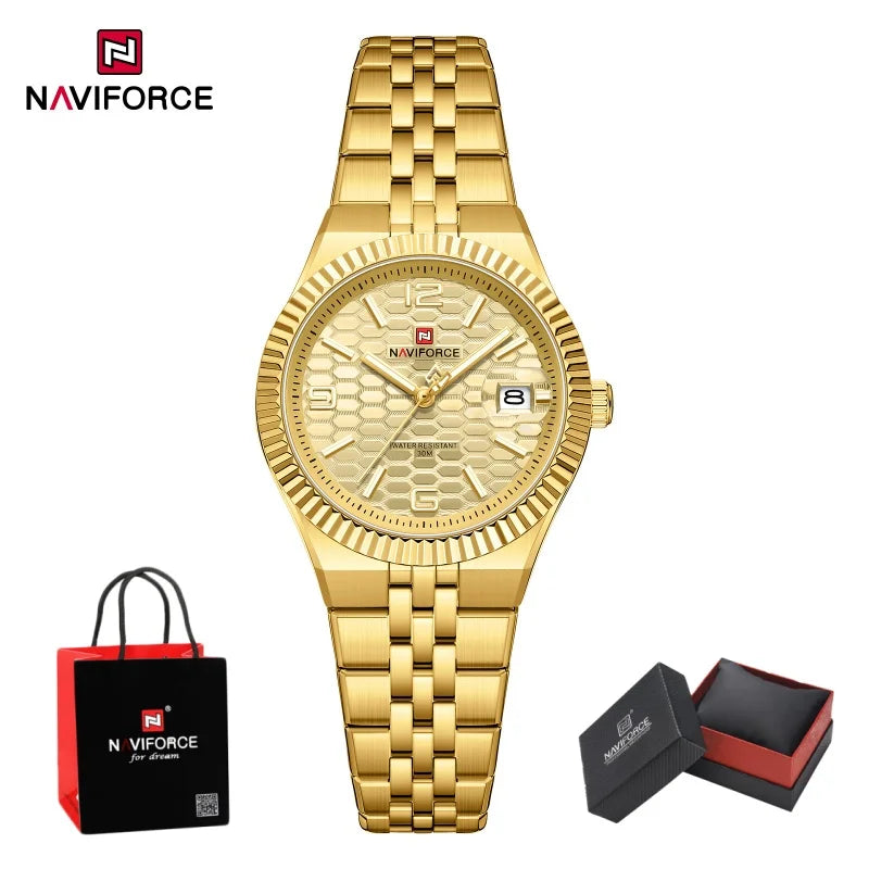NAVIFORCE Luxury Women Quartz Calendar Watch 30M Waterproof Luminous Steel Strap Female Casual Girls Fashion Wristwatch Gift Box