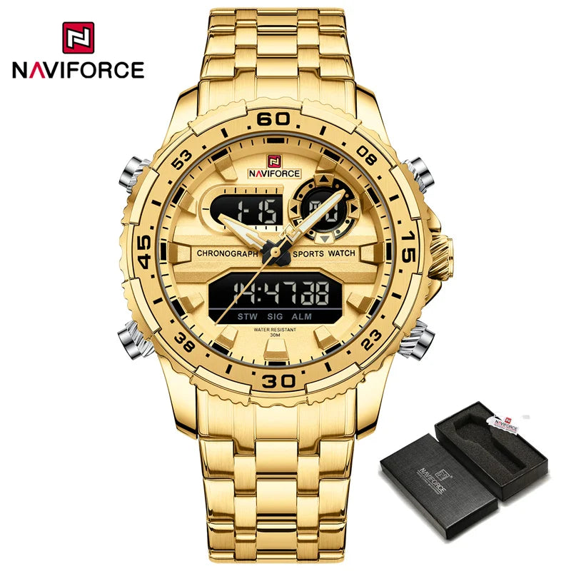 NAVIFORCE Men's Sports Alarm Watch Waterproof Chronograph Quartz Movement Steel Band Digital Date Week Display Wristwatches Gift