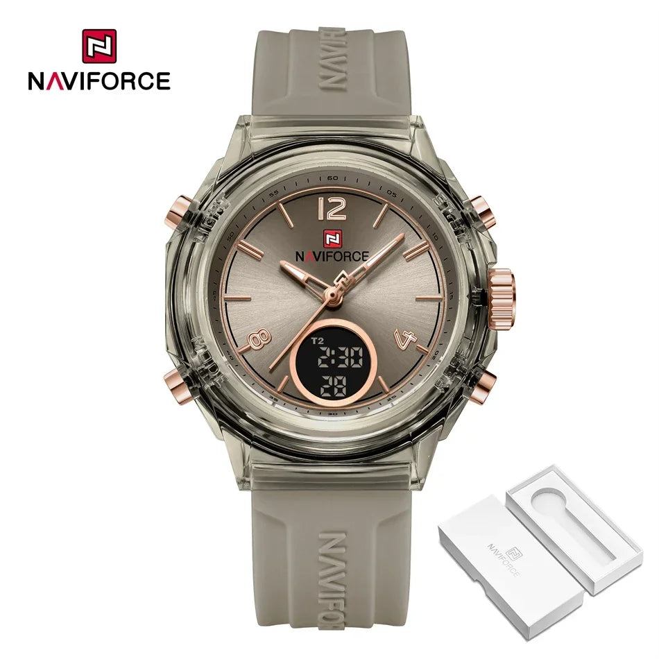 NAVIFORCE Sport Watches Women 50M Waterproof Lady Watch Lover Gifts Dual Time Display Wristwatch Digital LED Back Light Clock