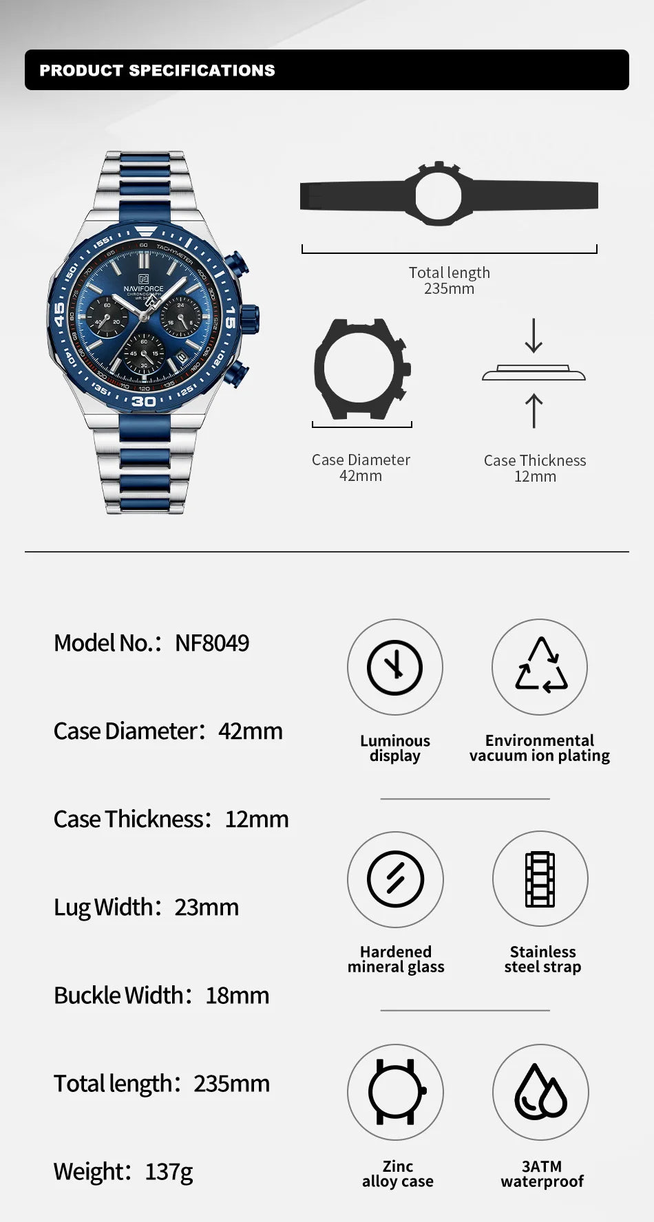 NAVIFORCE 2024 New Men Watch Waterproof Business Casual Date Luminous Quartz Wristwatch Chronograph Stainless Steel Strap Clock