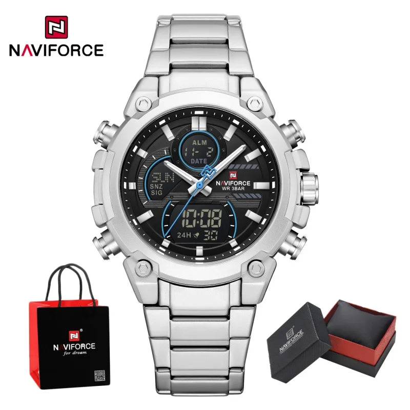 NAVIFORCE Men's Watch Luxury Quartz LCD Digital Sports Military Style Dual Display Chronograph Alarm Clock Wristwatch Gifts Box