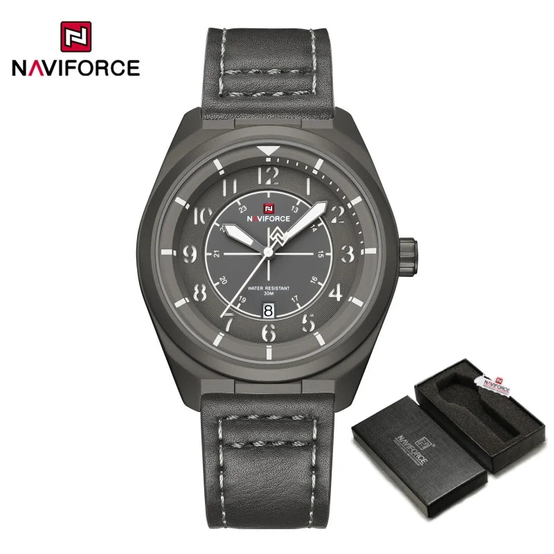NAVIFORCE Simple Men Quartz Calendar Watch 3ATM Waterproof Genuine Leather Strap Business Casual Fashion Mature Style Wristwatch