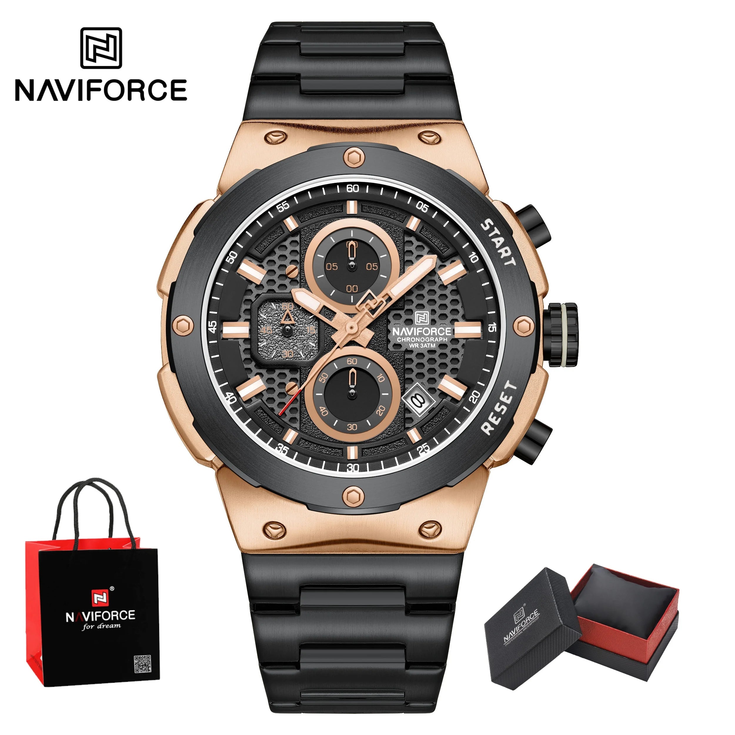 NAVIFORCE Man Watch Stainless Steel Sport Military Wristwatch Luxury Men Watches Luminous Waterproof Chronograph Quartz  Gifts