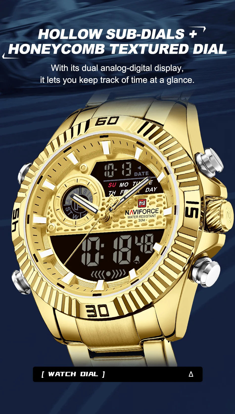 NAVIFORCE Men's Watch Quartz Dual Display 3ATM Waterproof Luminous Chronograph Alarm Clocks Male Luxury High Quality Wristwatch