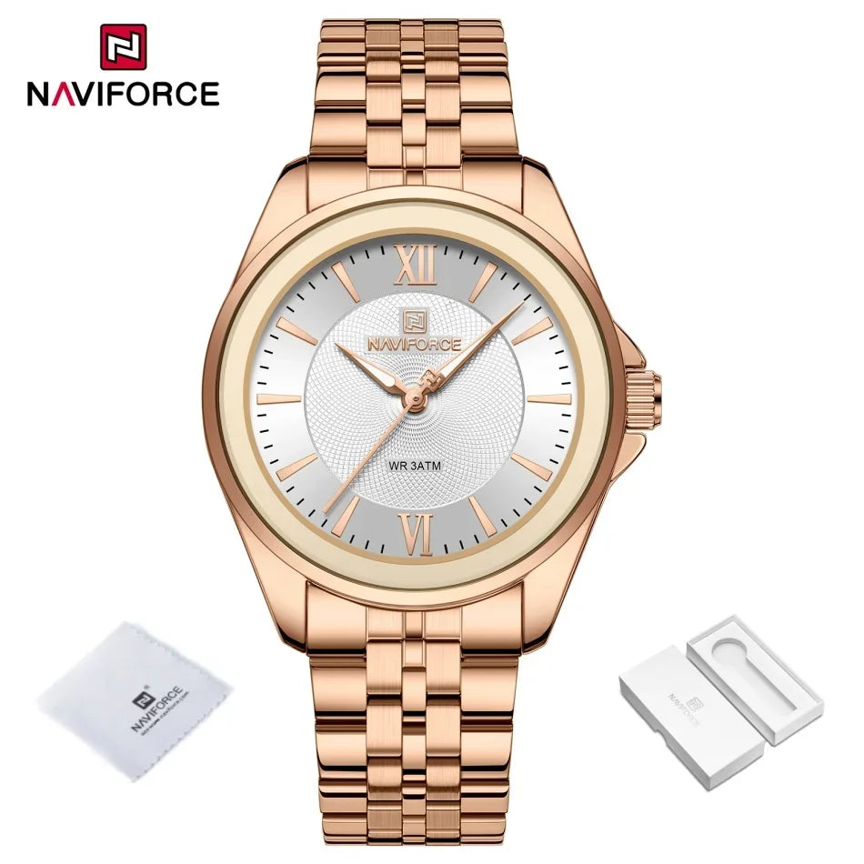 NAVIFORCE Women's Quartz Watch Elegant Casual Stainless Steel Strap 30m Waterproof Female Wristwatches Ladies Clock Reloj Mujer