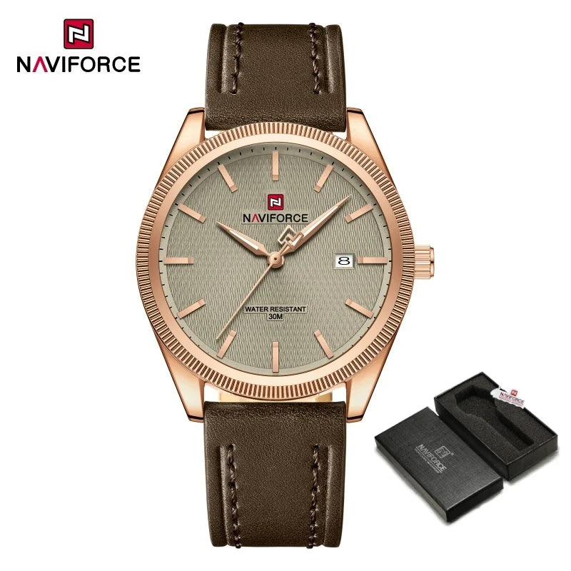 NAVIFORCE Men's Watches Fashion Genuine Leather Strap 30M Waterproof Male Quartz Wristwatches Luminous Point Date Display Clock