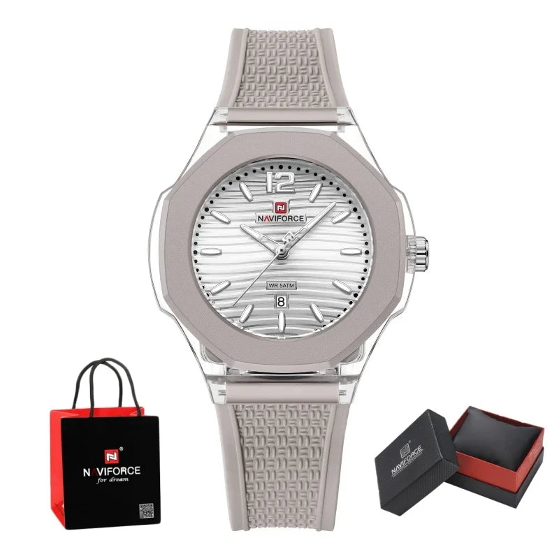 NAVIFORCE Woman's Watch Quartz Waterproof Silicone Band Date Display Wristwatch Luxury Trendy Ladies Dress Wristwatch Gifts Box