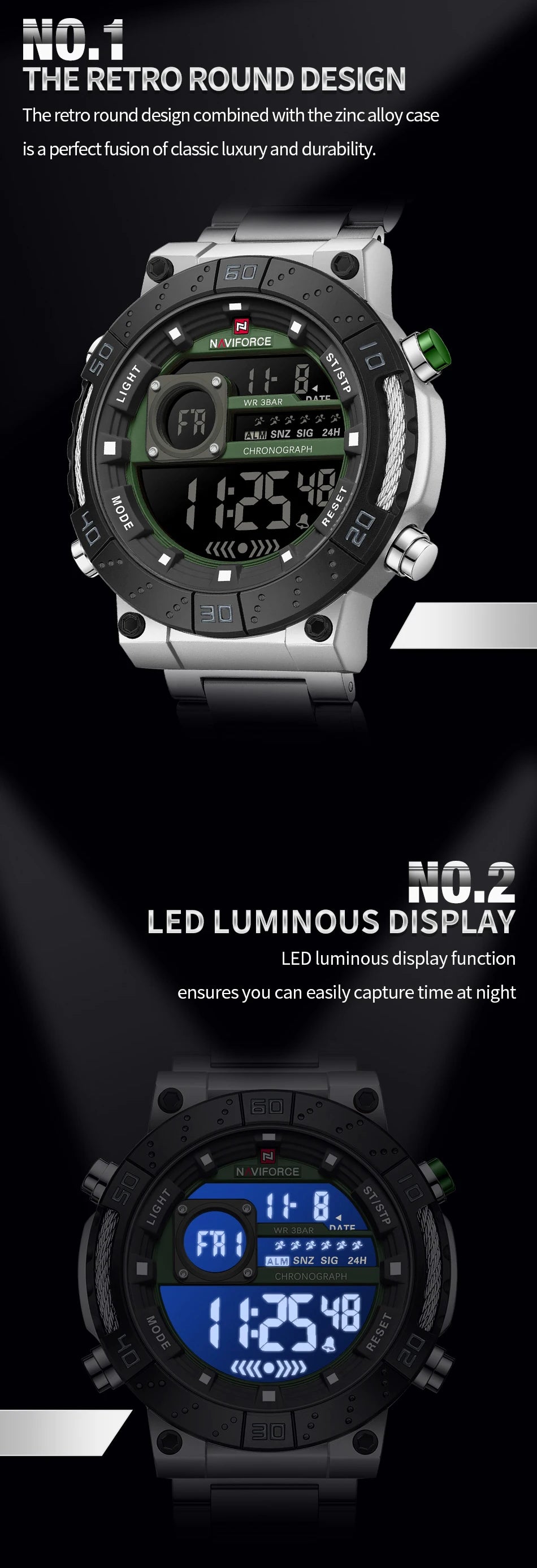 NAVIFORCE Watches for Men LCD Digital Luminous Stainless Steel Strap Male Hot Sale Business Luxury Wristwatch Relogio Masculino