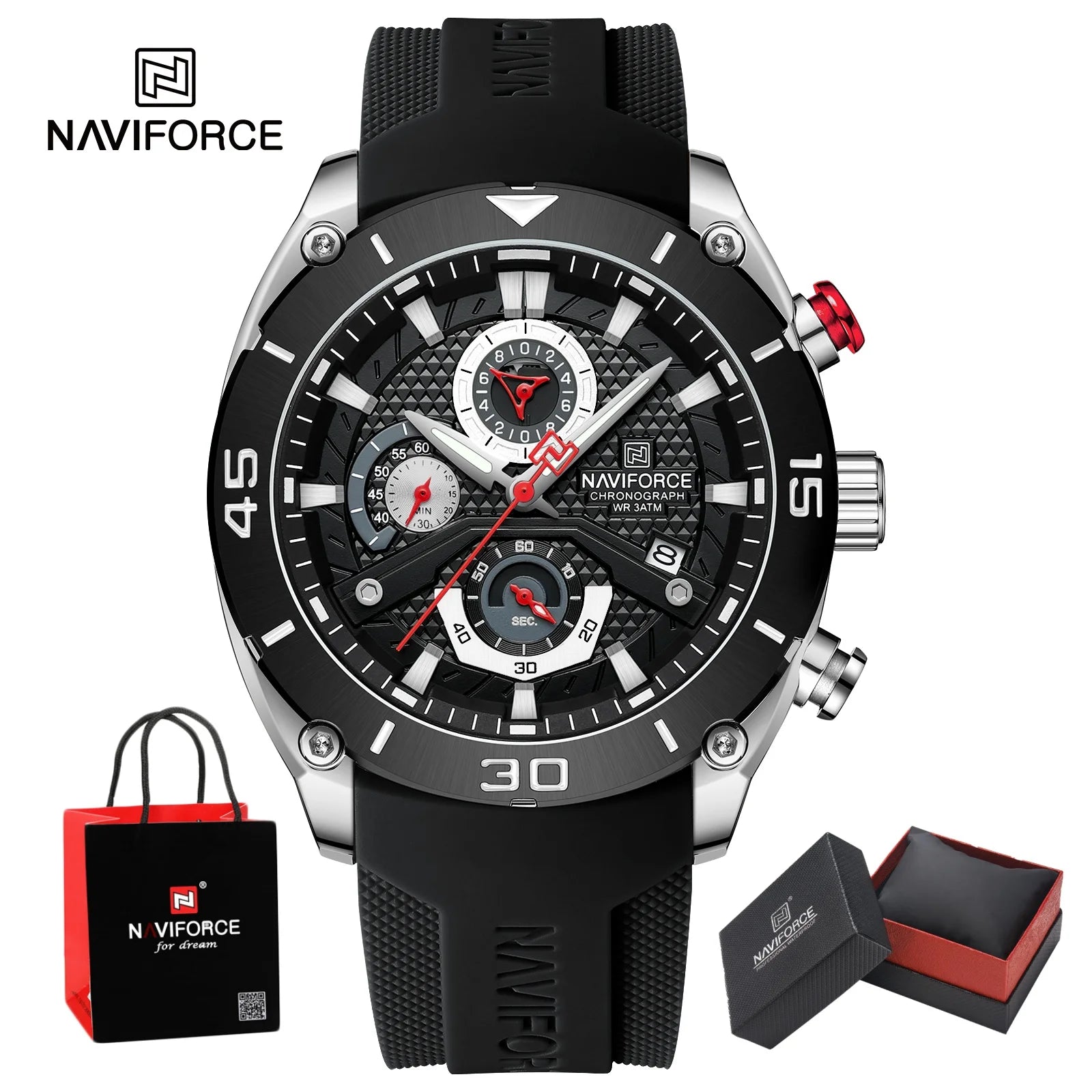 NAVIFORCE Man's Watch Quartz Chronograph 30M Waterproof Luminous Silicone Strap Trendy Sports Simple Wristwatch Gift Box for Men