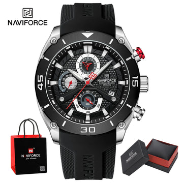 NAVIFORCE Man's Watch Quartz Chronograph 30M Waterproof Luminous Silicone Strap Trendy Sports Simple Wristwatch Gift Box for Men
