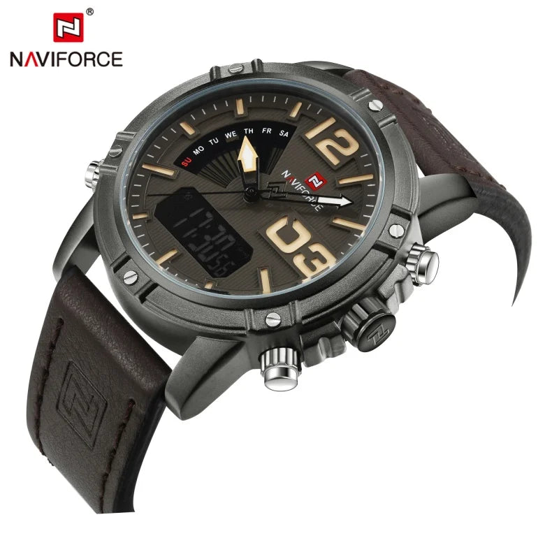 NAVIFORCE Luxury Brand Men's Sport Watches Men Dual Display LED Digital Waterproof Leather Strap Quartz Military Watch Man Clock