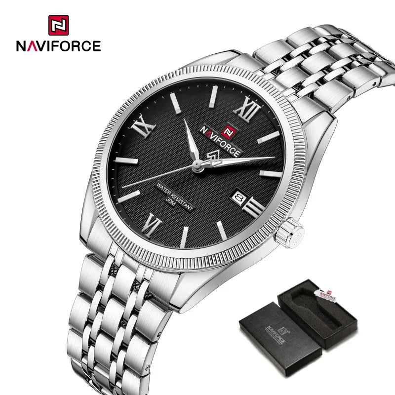 NAVIFORCE Man Wristwatch Quartz Calendar 30M Waterproof Date Display Steel Band Casual Male Business Watch Gift for Father's Day