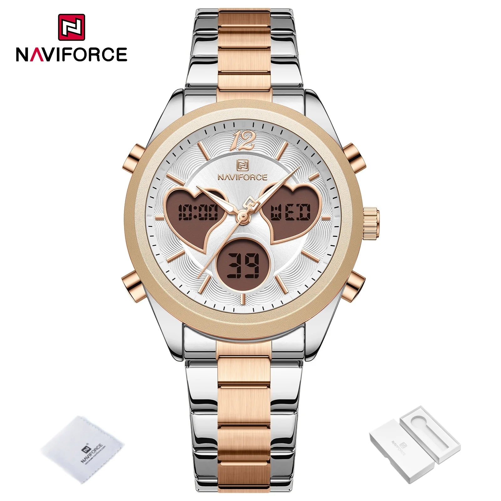 NAVIFORCE Women Watch Unique Design of Heart-Shaped Dial Quartz Analog LCD Digital Watches Fashion Casual Girlfriend Gifts Clock