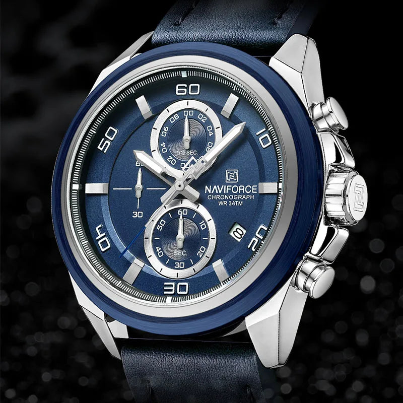 NAVIFORCE Brand Watches For Men Genuine Leather Band Chronograph Quartz Wristwatches Casual Sport 30m Waterproof Male Gift Clock
