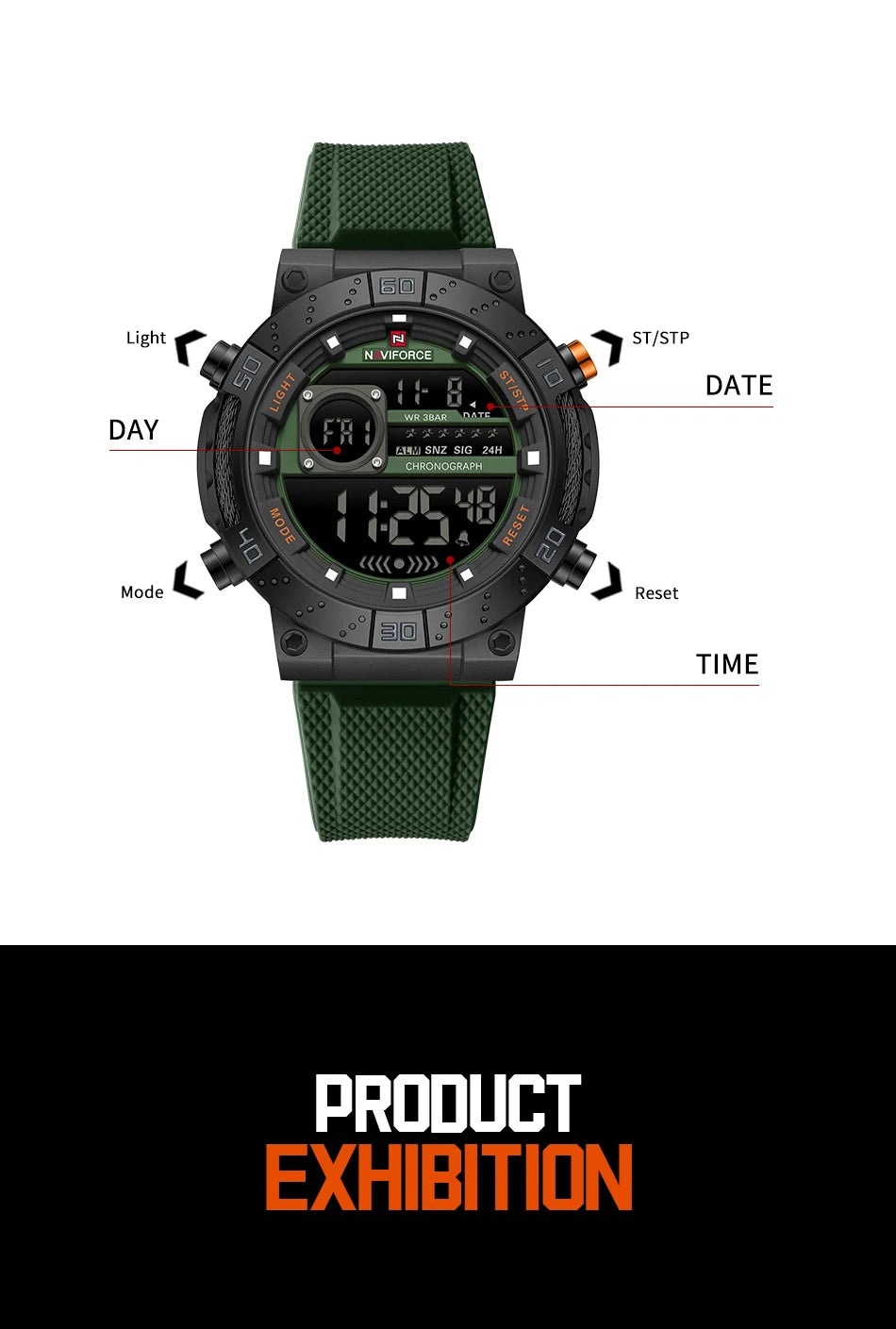 NAVIFORCE Watches for Men LCD Digital Auto Date Week Display Luminous Soft Silicone Strap  Fashion Wristwatch Relogio Masculino