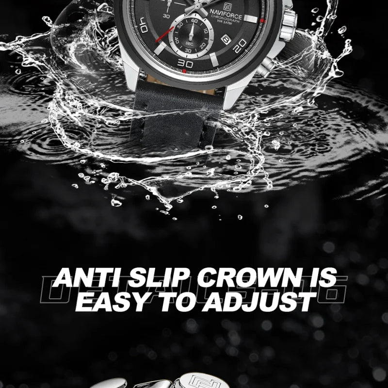 NAVIFORCE Men's Watch Quartz Chronograph Genuine Leather Strap Waterproof Luminous Hand Male Fashion Design Wristwatch Gifts Box