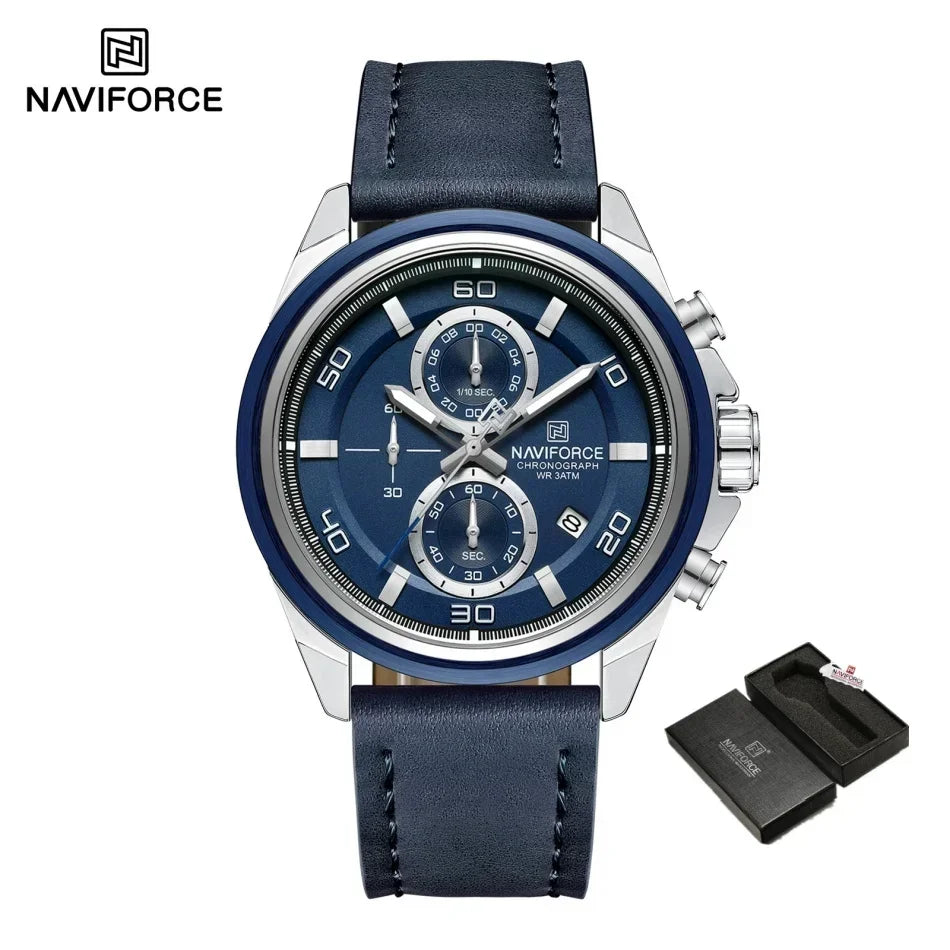 NAVIFORCE Brand Watches For Men Genuine Leather Band Chronograph Quartz Wristwatches Casual Sport 30m Waterproof Male Gift Clock