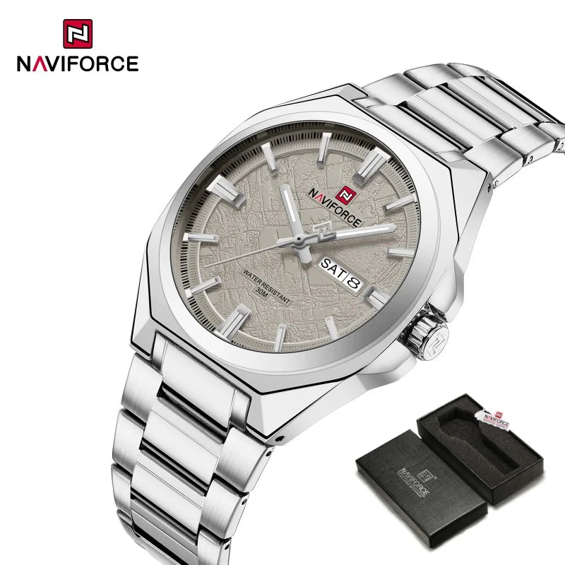 NAVIFORCE Men's Watch Quartz Calendar Week Display Waterproof Luminous Steel Band Male Trendy Outdoor Business Wristwatch NF9273