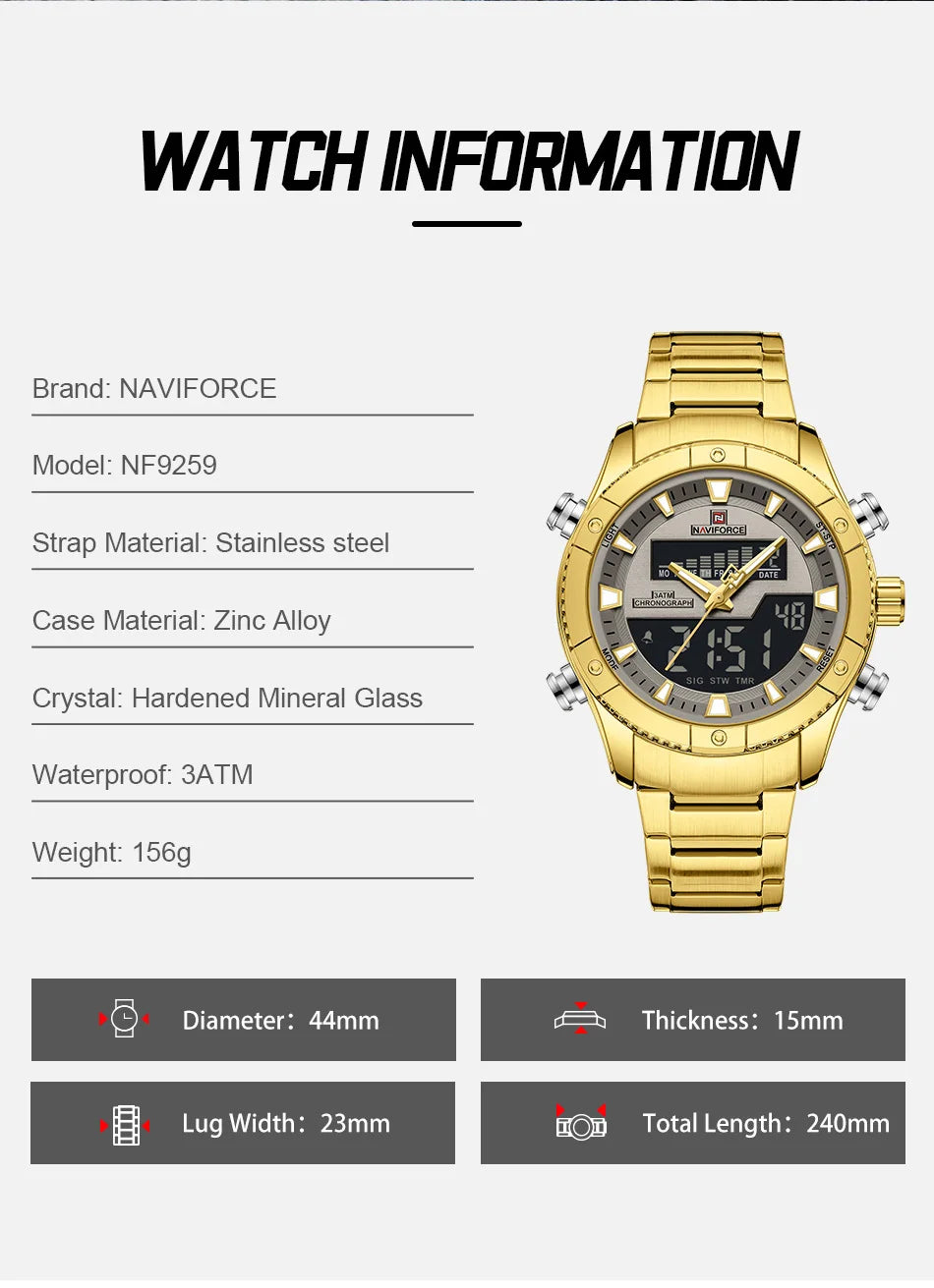 NAVIFORCE Brand Men's Watches Luxury Fashion Stainless Steel Quartz Chronograph Alarm Wristwatch for Male Water Resistant Sport