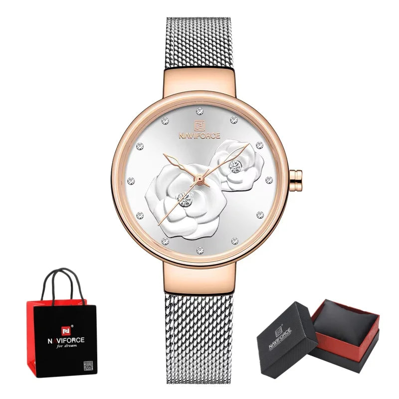 NAVIFORCE Woman's Quartz Watch Steel Band Creative Design Female Luxury Dress Clock Relogio Feminino Wristwatch Gift Box NF5013
