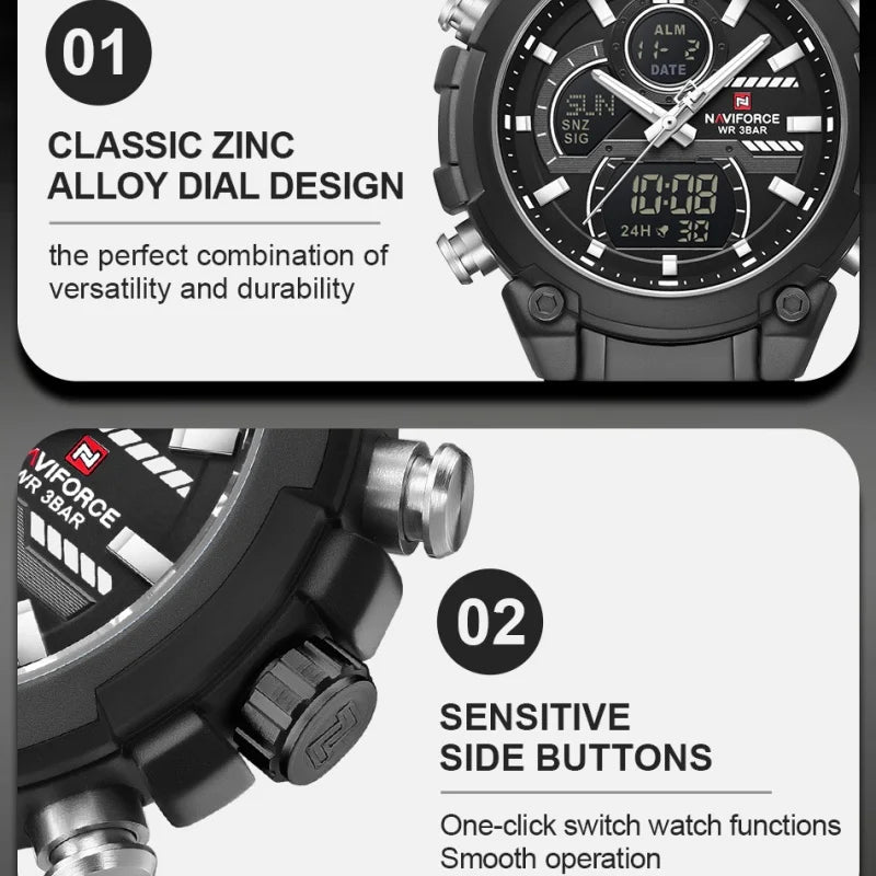NAVIFORCE Men's Watch Luxury Quartz LCD Digital Sports Military Style Dual Display Chronograph Alarm Clock Wristwatch Gifts Box