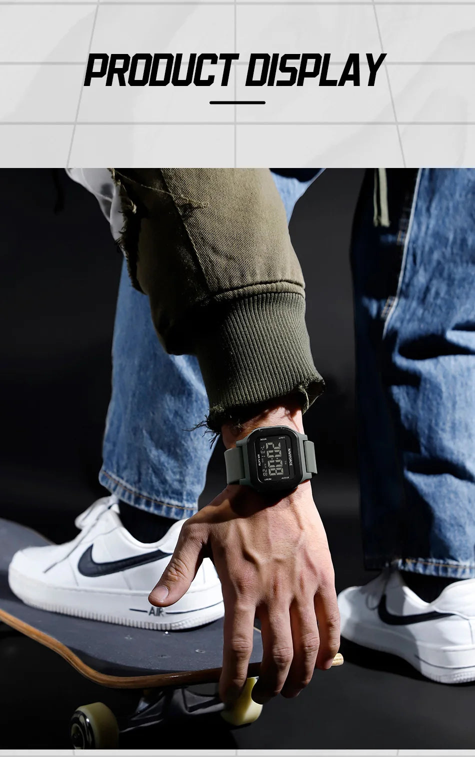 High Quality NAVIFORCE Men's Sport Wristwatch LCD Display 50m Waterproof Alarm Stopwatch BackLight Unique Square Case Gift Clock