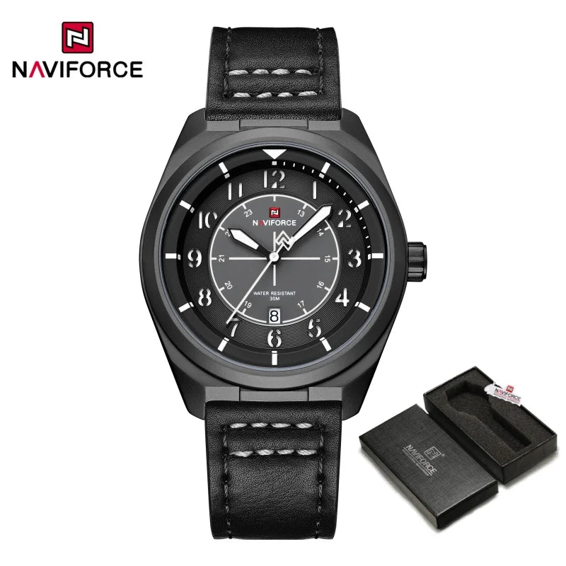 NAVIFORCE Simple Men Quartz Calendar Watch 3ATM Waterproof Genuine Leather Strap Business Casual Fashion Mature Style Wristwatch