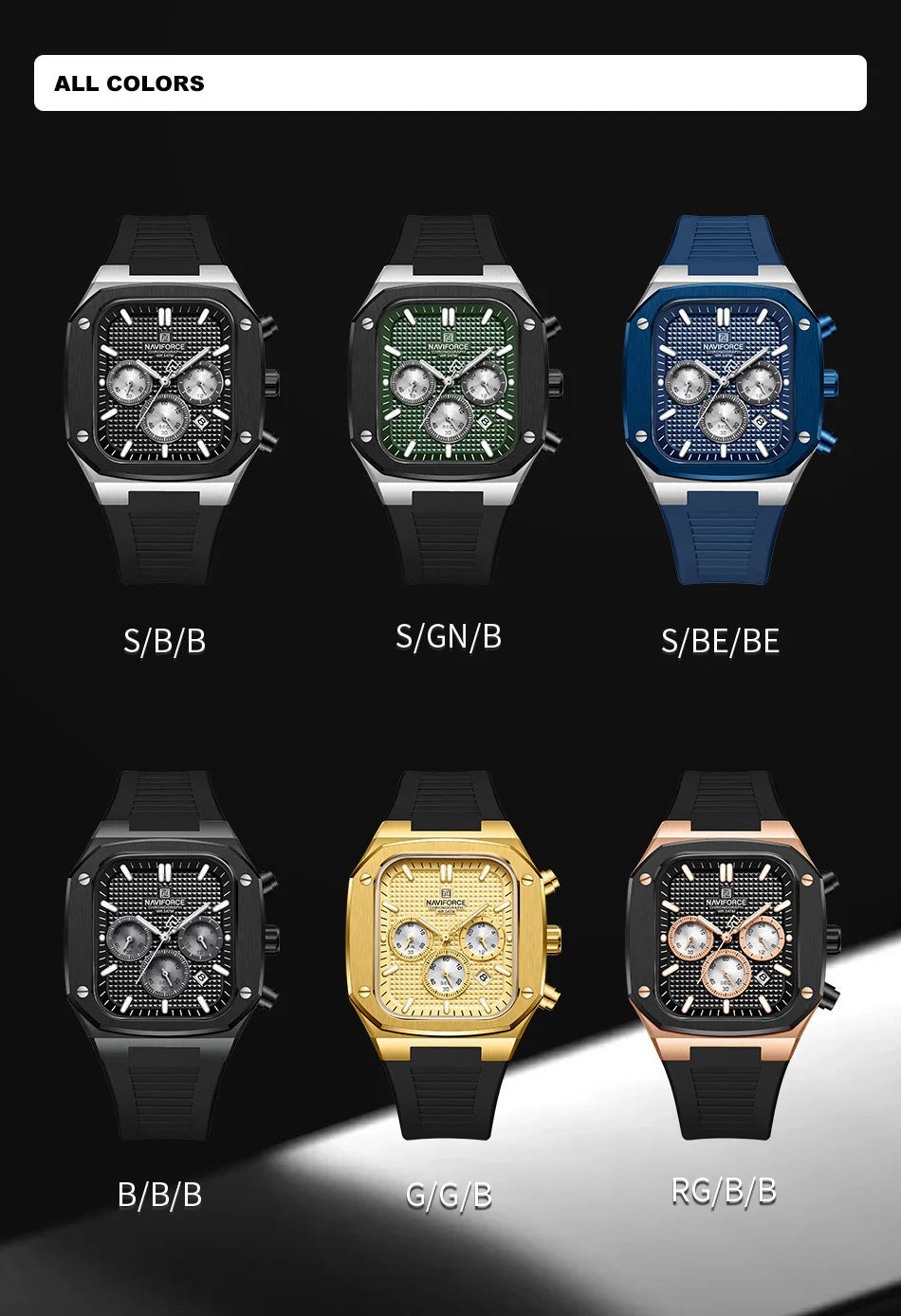 NAVIFORCE Men's Luxury Gold Watch Fashion Silicone Strap Quartz Movement Waterproof Square Wristwatch with Luminous Hands And Da