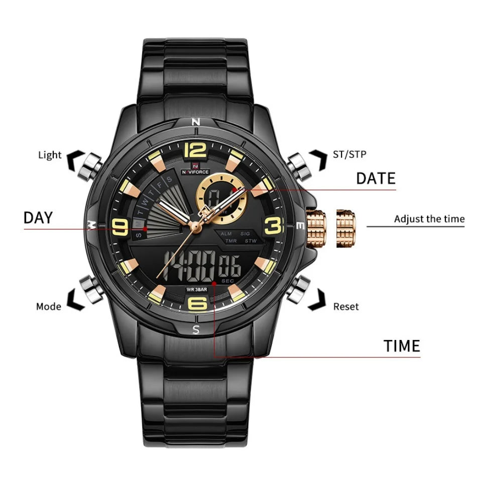 NAVIFORCE Men Watch Steel Band Men's Wrist Watch Casual Sports Multifunction Waterproof big dial Chronograph Day and Date Clock