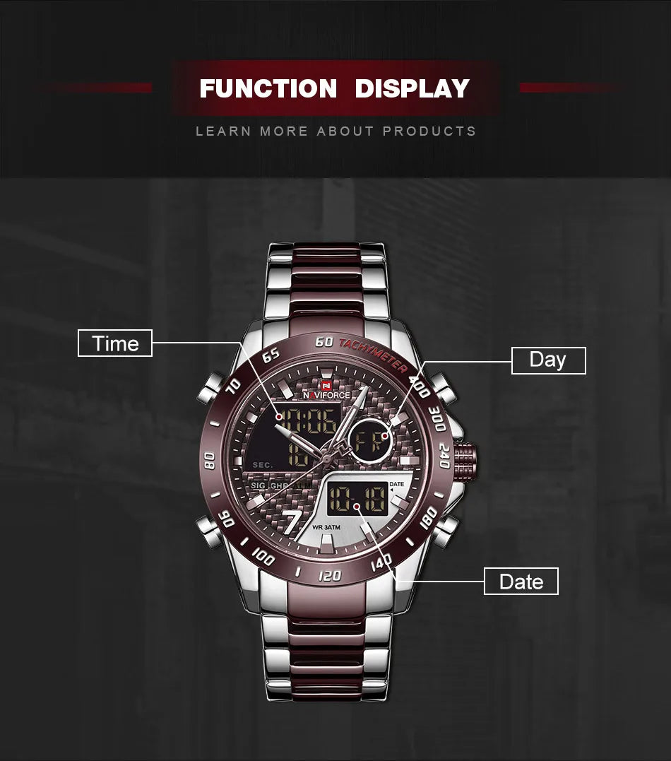 NAVIFORCE Men's Fashion Sports Watch Quartz Dual Display Luminous Waterproof Steel Band Clocks Male Outdoor Wristwatch Gifts Box