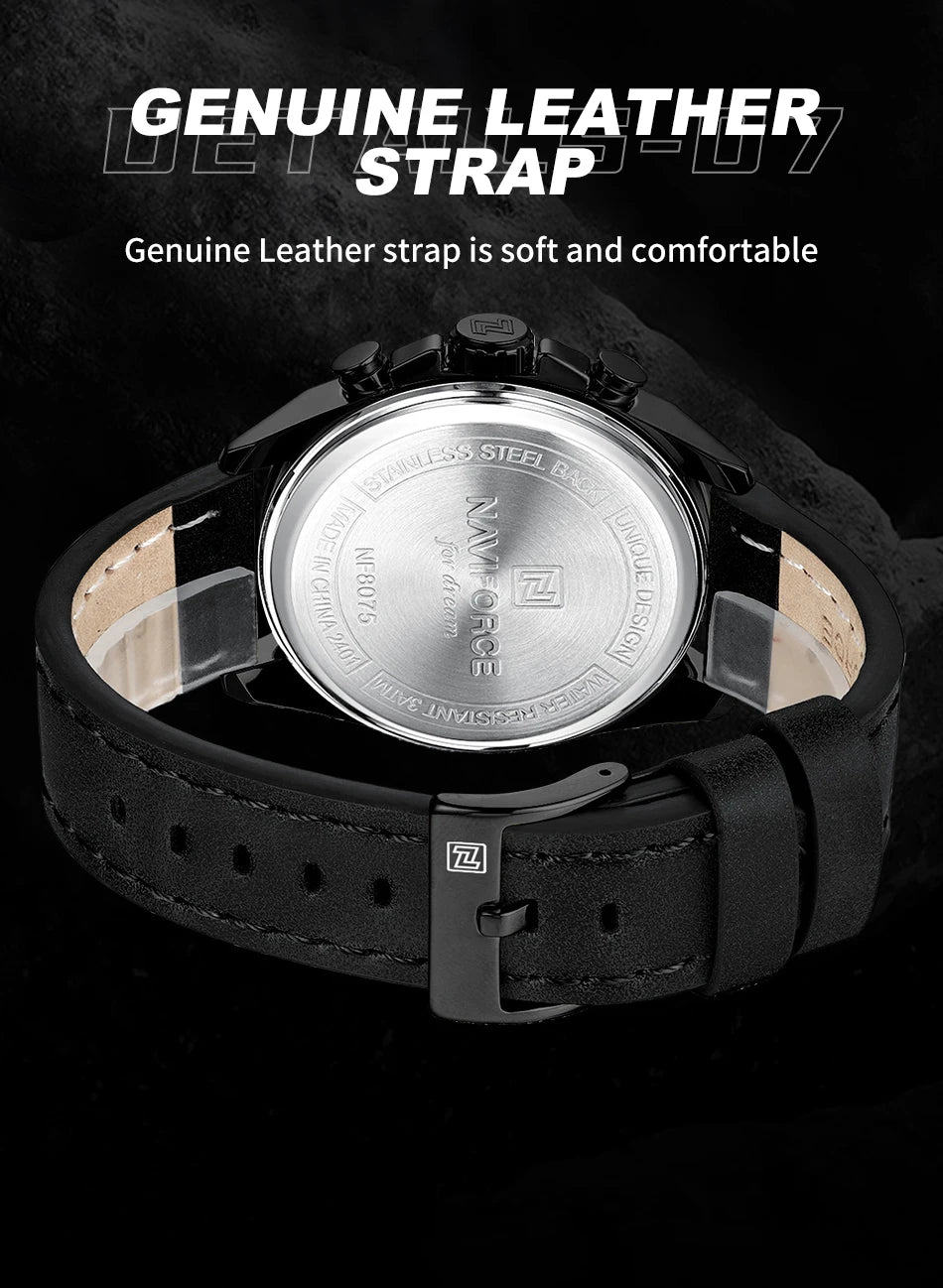 Original NAVIFORCE Business Luxury Leather Strap Men Watches Sports Chronograph Watch for Man 3ATM Waterproof Quartz Wristwatch