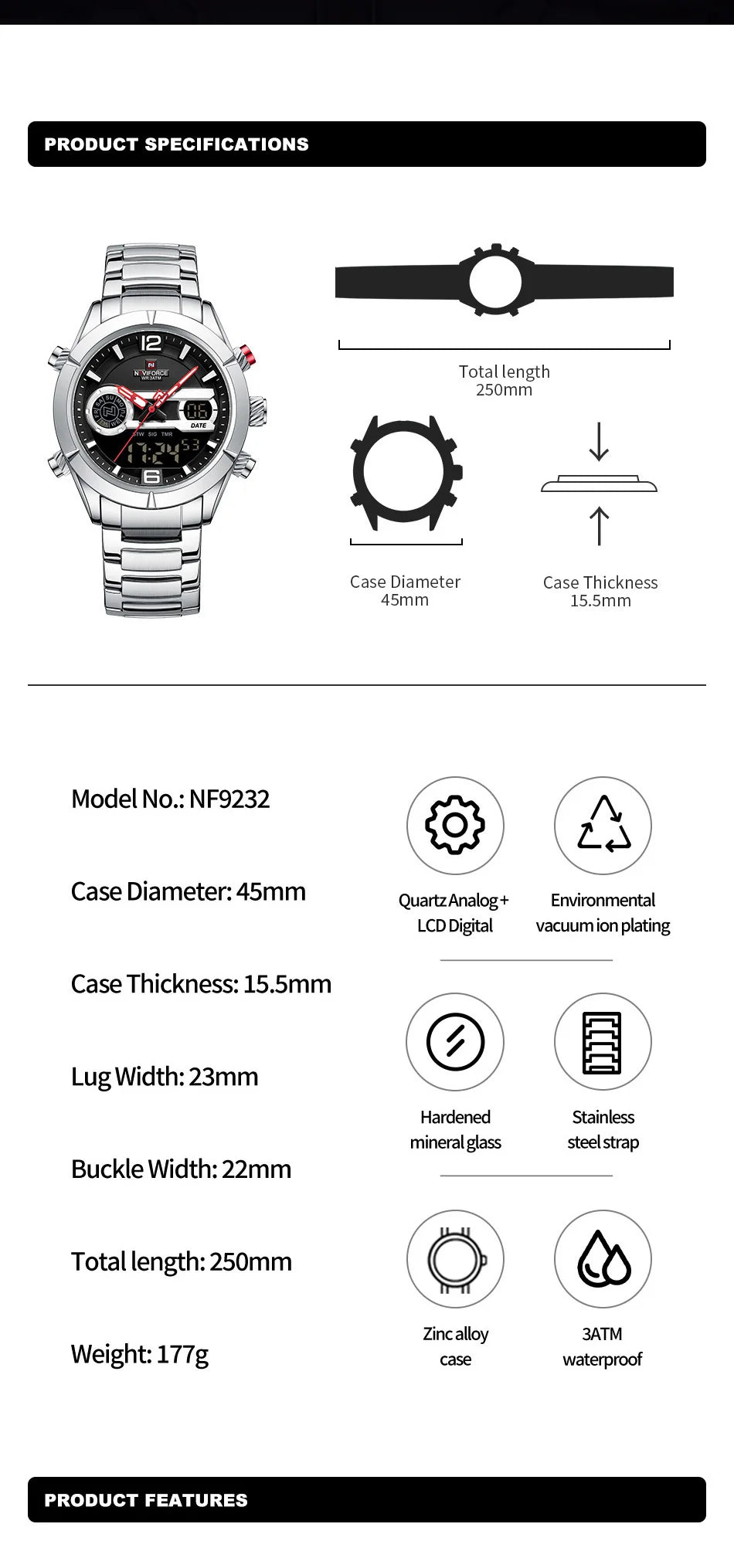 NAVIFORCE Brand Luxury Watch For Men Waterproof Digital Sport Quartz Wristwatches Military Luminous Stainless Steel Strap Clock