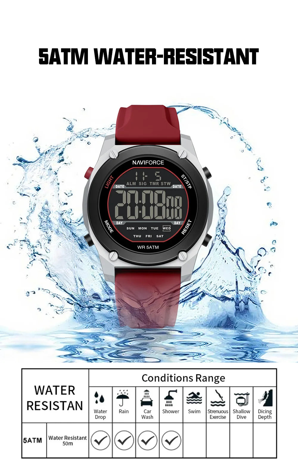 NAVIFORCE Men's LCD Digital Watch 50M Water Resistant Electronic Calendar Fashion Silicone Band Alarm Clock Wristwatch Gifts Box