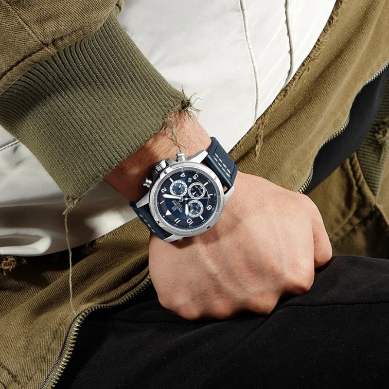 NAVIFORCE Men's Quartz Chronograph Wristwatch Multi Dial 24 Hour Clock Leather Band Modern Business Luxury Design Men Gift Watch