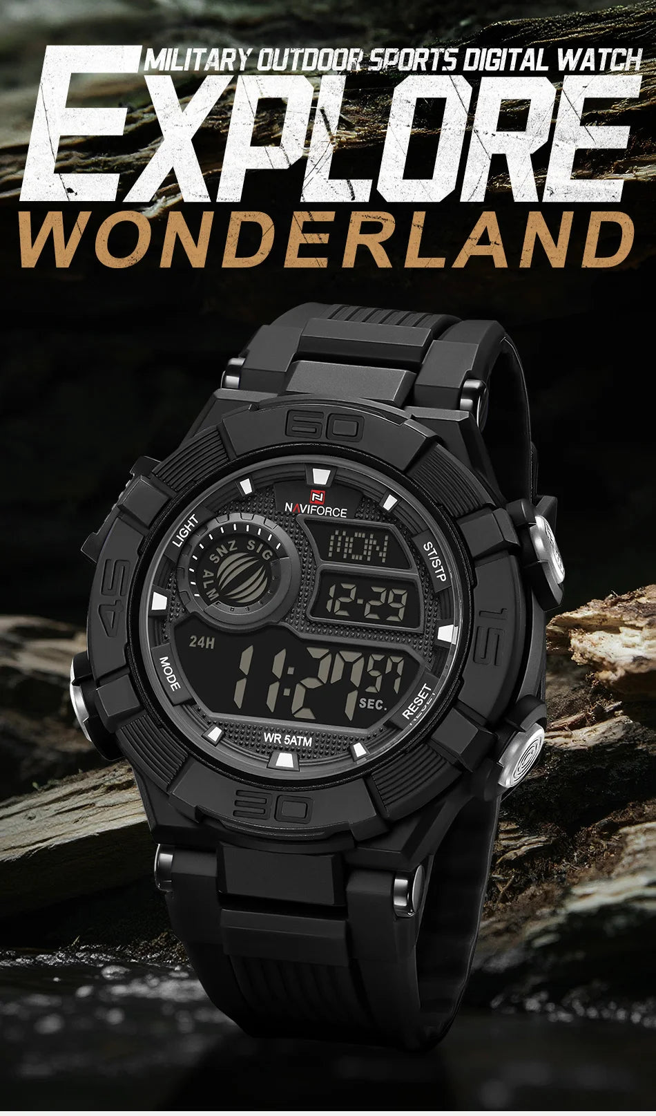 NAVIFORCE Man's Watch LCD Digital NF7131 Original Design Luminous Big Dial TPU Strap Outdoor Wristwatch Gift Box for Students