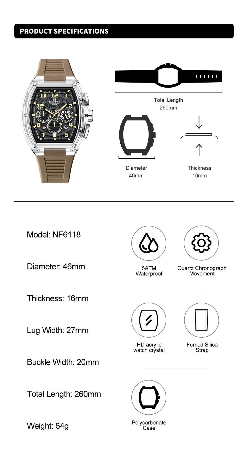 NAVIFORCE Men's Watch Quartz Chronograph Luminous Soft Silicone Strap Business Trendy Outdoor Casual Wristwatch Gift Box for Man