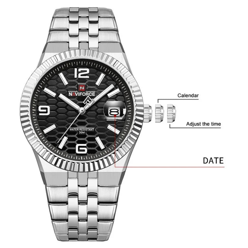 NAVIFORCE Men Watches Quartz Auto Date 3ATM Waterproof Stainless Steel Classic Male Luxury Fashion Business Wristwatch Gift Box