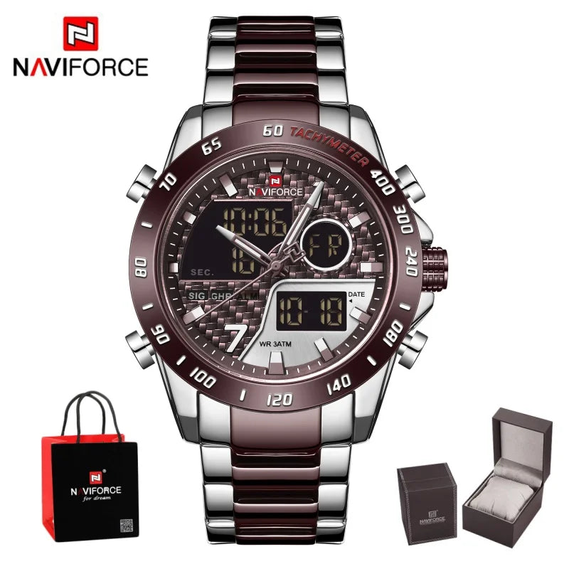 NAVIFORCE Men's Fashion Sports Watch Quartz Dual Display Luminous Waterproof Steel Band Clocks Male Outdoor Wristwatch Gifts Box
