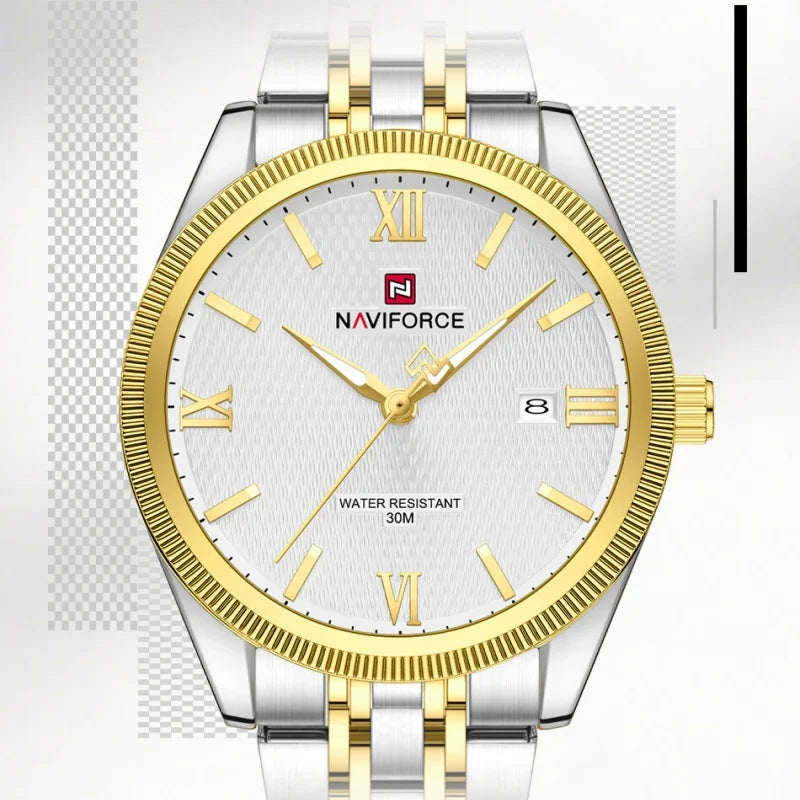 NAVIFORCE Man Wristwatch Quartz Calendar 30M Waterproof Date Display Steel Band Casual Male Business Watch Gift for Father's Day