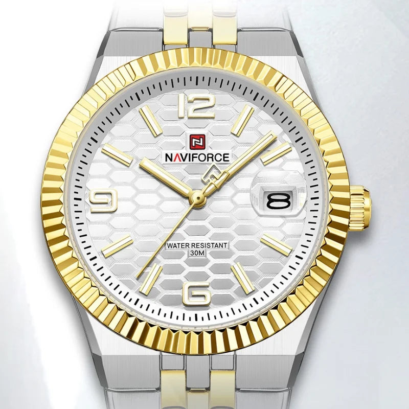 NAVIFORCE New Lover Watches 3ATM Waterproof Quartz Calendar Stainless Steel Fashionable Elegant Daily Wear Wristwatch for Couple