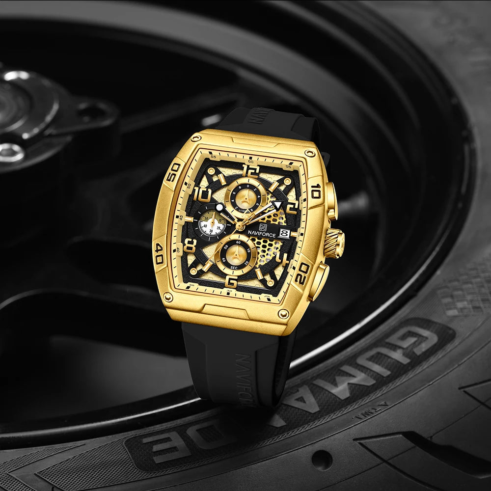 Fashion Brand NAVIFORCE  Men Gold Design Quartz Watches Casual Male  Wrist Watch Large Dia Multi-function PU Waterproof Clock