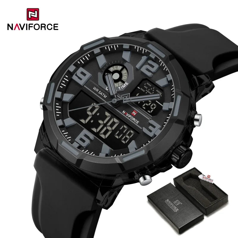 NAVIFORCE Quartz Dual Display Wristwatch for Men 50M Waterproof Silicone Band Multifuntion Clock Male Fashion Daily Sports Watch