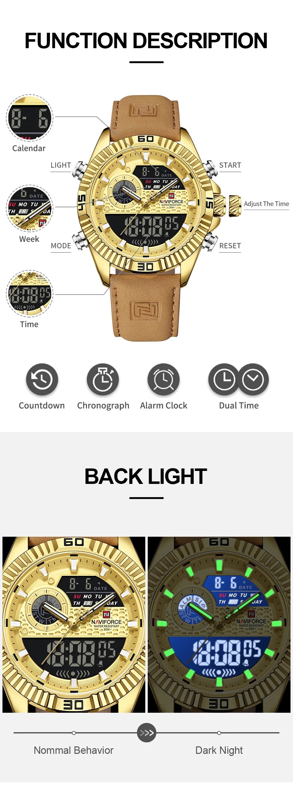 NAVIFORCE Men's Watches Sport Quartz Analog LCD Digital Wristwatch 30m Waterproof Luminous Chronograph Watch for Men Date Clock