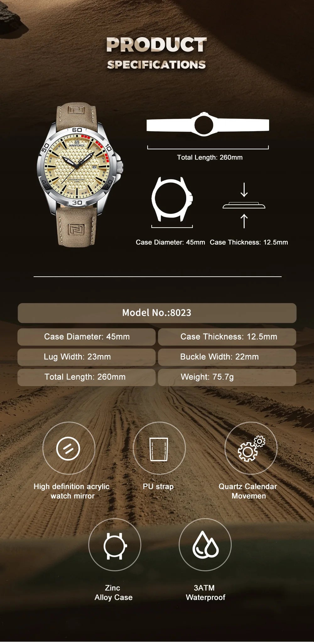 Naviforce Brand Sports Men Watches Leather Band Male 30m Waterproof Military Wristwatch Quartz Date Clock Relogio Masculino 2023